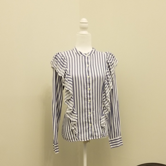 Stripe Ruffle eyelet button down collarless shirt - Picture 1 of 4